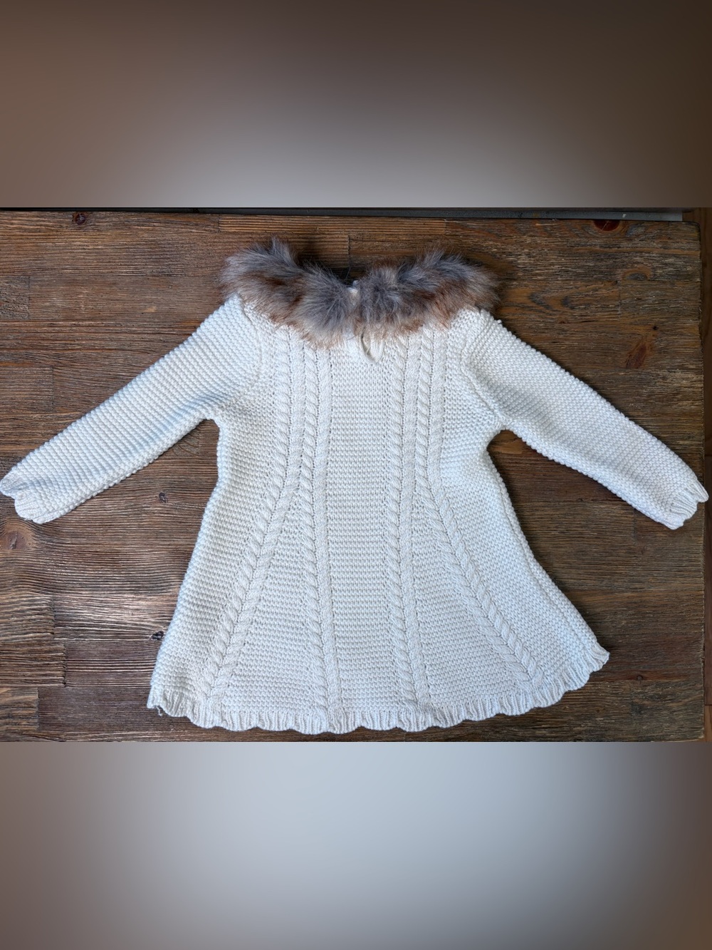 Tahari Baby Cream Cable Knit Faux Fur Collar Dress Sweater Coat Bow 0-3M - Picture 2 of 6
